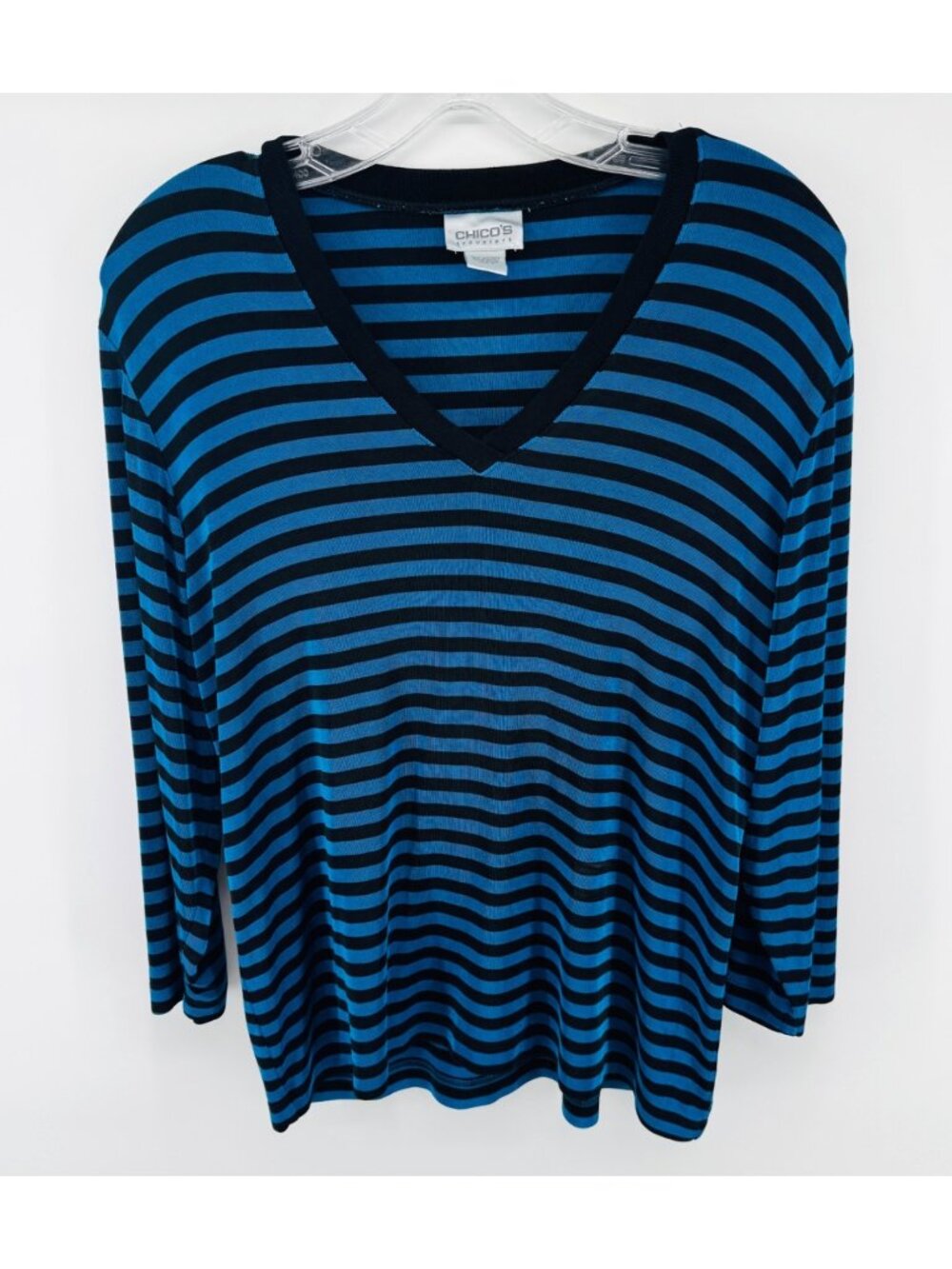 Chicos Travelers Blue & Black Striped Long Sleeve Top Size 2 USA Made